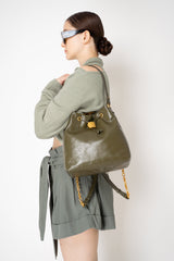 Balmain Calfskin Leather Backpack with Gold Metal Chains in Olive Green