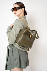 Balmain Calfskin Leather Backpack with Gold Metal Chains in Olive Green