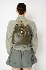 Balmain Calfskin Leather Backpack with Gold Metal Chains in Olive Green