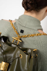 Balmain Calfskin Leather Backpack with Gold Metal Chains in Olive Green