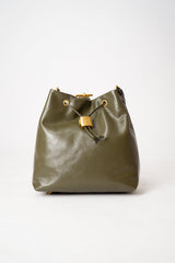 Balmain Calfskin Leather Backpack with Gold Metal Chains in Olive Green