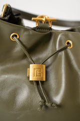 Balmain Calfskin Leather Backpack with Gold Metal Chains in Olive Green