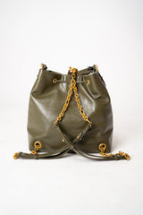 Balmain Calfskin Leather Backpack with Gold Metal Chains in Olive Green