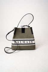 Balmain Small Bucket Bag in Canvas and Calfskin in Olive Green Vancouver. Shop Online or in Store.