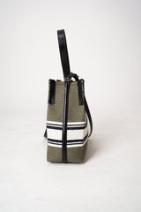 Balmain Small Bucket Bag in Canvas and Calfskin in Olive Green Vancouver. Shop Online or in Store.