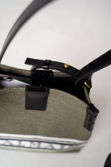 Balmain Small Bucket Bag in Canvas and Calfskin in Olive Green Vancouver. Shop Online or in Store.