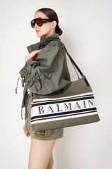 Balmain Release Shopper Medium-Canvas & Calfskin in Olive Green