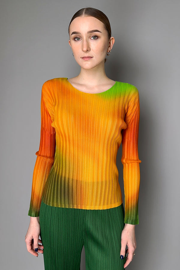 Pleats Please Issey Miyake Melty Rib Crew Neck Top in Orange and Green