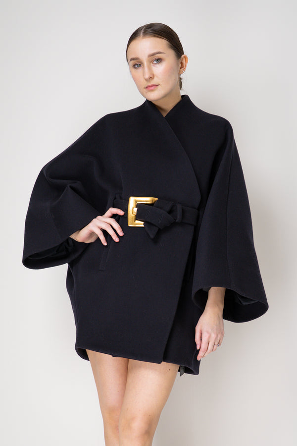 Balmain Belted Wool Wrap Coat in Dark Navy Vancouver. Shop Online or in Store.