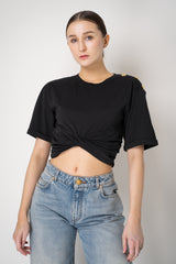 Balmain Cropped Cinched Faux Tie Top t-Shirt in Black Vancouver. Shop Online or in Store.