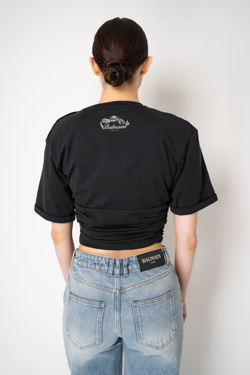 Balmain Cropped Cinched Faux Tie Top t-Shirt in Black Vancouver. Shop Online or in Store.