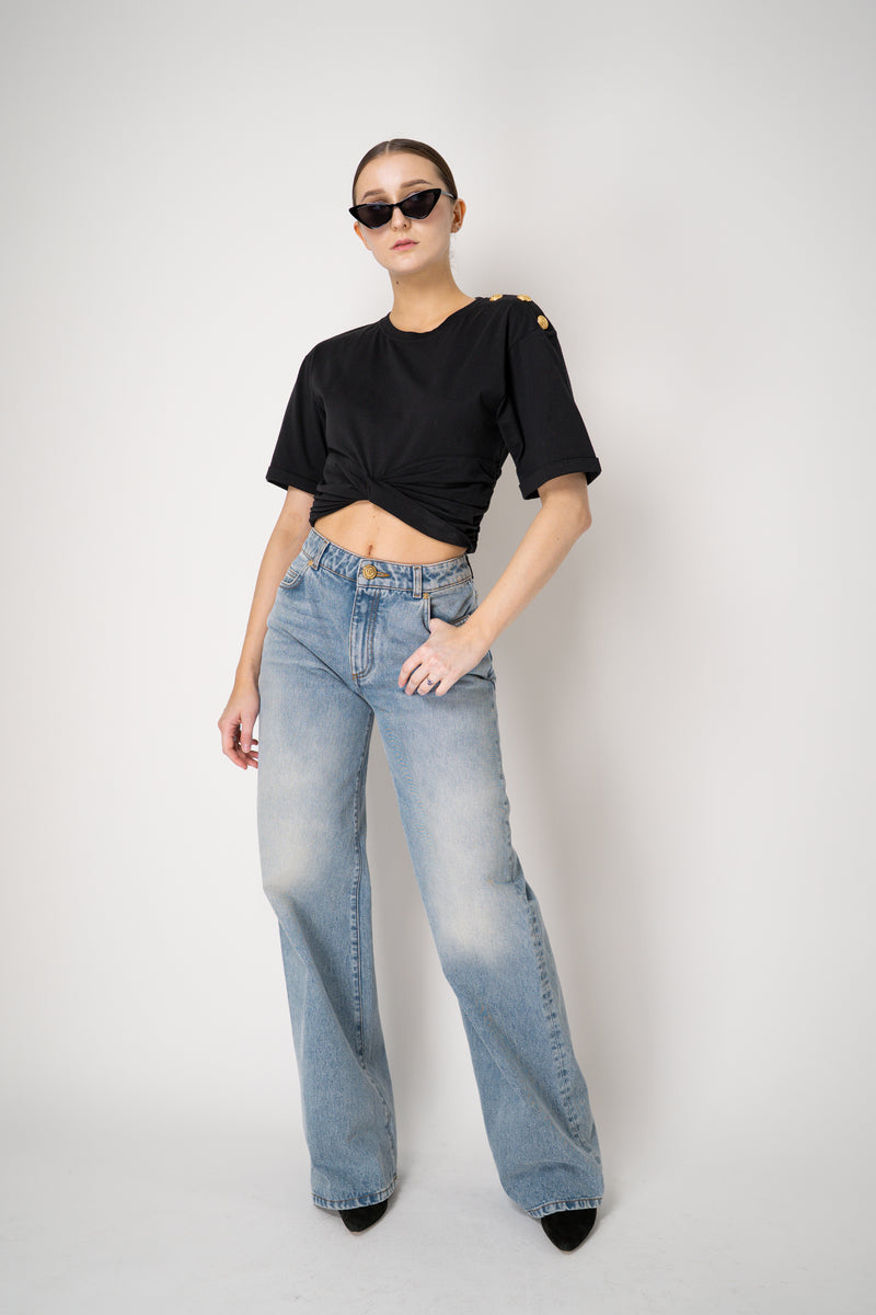Balmain Cropped Cinched Faux Tie Top t-Shirt in Black Vancouver. Shop Online or in Store.