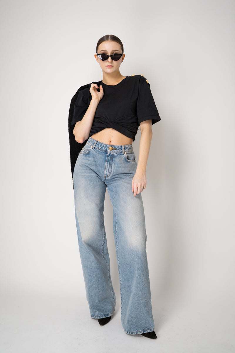 Balmain Cropped Cinched Faux Tie Top t-Shirt in Black Vancouver. Shop Online or in Store.