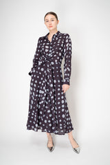 Sara Roka Virgin Wool  Tie Front Shirt Dress in Navy and Blue Polka Dots
