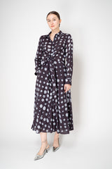Sara Roka Virgin Wool  Tie Front Shirt Dress in Navy and Blue Polka Dots