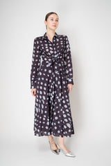 Sara Roka Virgin Wool  Tie Front Shirt Dress in Navy and Blue Polka Dots