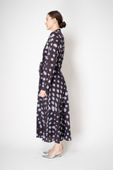 Sara Roka Virgin Wool  Tie Front Shirt Dress in Navy and Blue Polka Dots