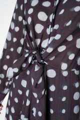 Sara Roka Virgin Wool  Tie Front Shirt Dress in Navy and Blue Polka Dots