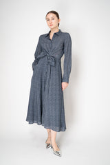 Sara Roka Virgin Wool  Tie Front Shirt Dress in Navy and Grey Herringbone