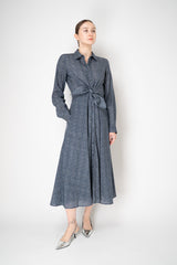 Sara Roka Virgin Wool  Tie Front Shirt Dress in Navy and Grey Herringbone