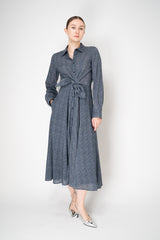 Sara Roka Virgin Wool  Tie Front Shirt Dress in Navy and Grey Herringbone