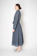 Sara Roka Virgin Wool  Tie Front Shirt Dress in Navy and Grey Herringbone