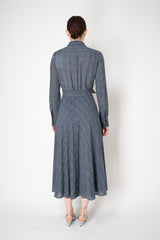 Sara Roka Virgin Wool  Tie Front Shirt Dress in Navy and Grey Herringbone