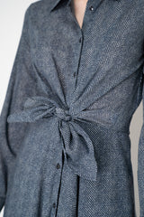 Sara Roka Virgin Wool  Tie Front Shirt Dress in Navy and Grey Herringbone