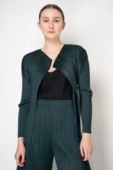 Pleats Please Issey Miyake Monthly Colors: October Long Sleeve Open Front Cardigan in Dark Green