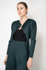Pleats Please Issey Miyake Monthly Colors: October Long Sleeve Open Front Cardigan in Dark Green