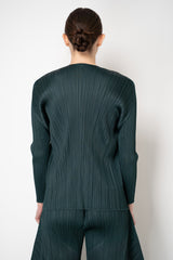 Pleats Please Issey Miyake Monthly Colors: October Long Sleeve Open Front Cardigan in Dark Green