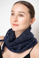 D. Exterior Wool Alpaca Sequined Knit Snood Scarf in Navy