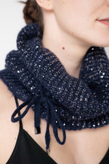 D. Exterior Wool Alpaca Sequined Knit Snood Scarf in Navy