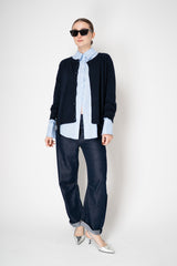 MeiMeiJ Merino Wool Knit Cardigan with Bow Embellished Trims in Navy Vancouver. Shop Online or in Store.