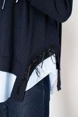 MeiMeiJ Merino Wool Knit Cardigan with Bow Embellished Trims in Navy Vancouver. Shop Online or in Store.