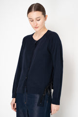 MeiMeiJ Merino Wool Knit Cardigan with Bow Embellished Trims in Navy Vancouver. Shop Online or in Store.