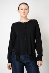 MeiMeiJ Merino Wool Knit Cardigan with Bow Embellished Trims in Black