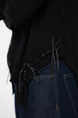 MeiMeiJ Merino Wool Knit Cardigan with Bow Embellished Trims in Black