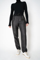 Lorena Antoniazzi Wool Viscose Pull-On Style Plaid Trousers in Dark Grey