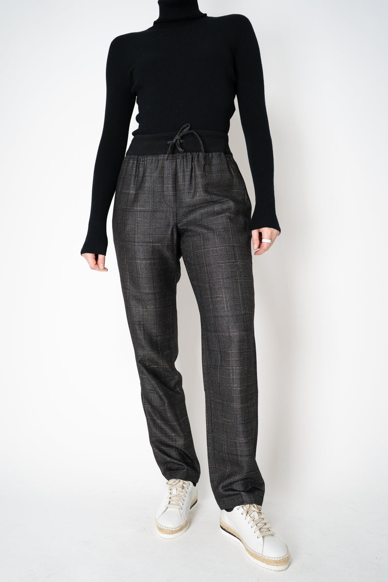 Lorena Antoniazzi Wool Viscose Pull-On Style Plaid Trousers in Dark Grey