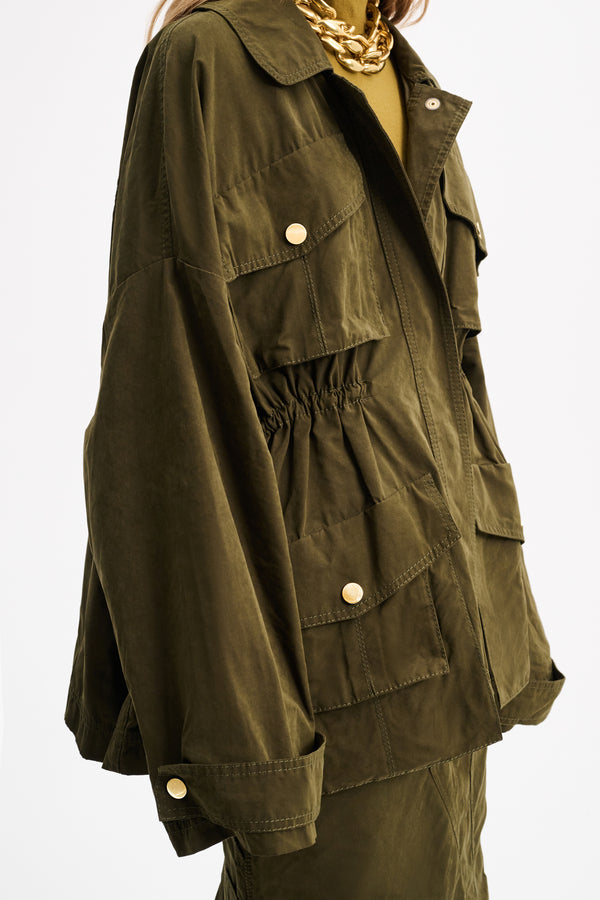 Dorothee Schumacher Adventurous Movement Drawstring Waist Parka in Olive Green