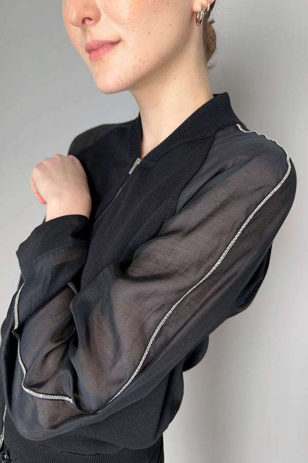 Peserico Bomber Cardigan with Cotton Voile Sleeves in Black