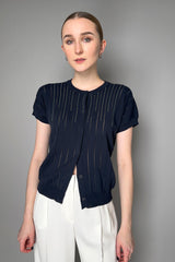 Peserico Cotton Cardigan with Transparent and Brilliant Stripes in Navy
