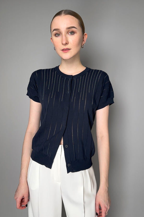 Peserico Cotton Cardigan with Transparent and Brilliant Stripes in Navy Vancouver. Shop Online or in Store.