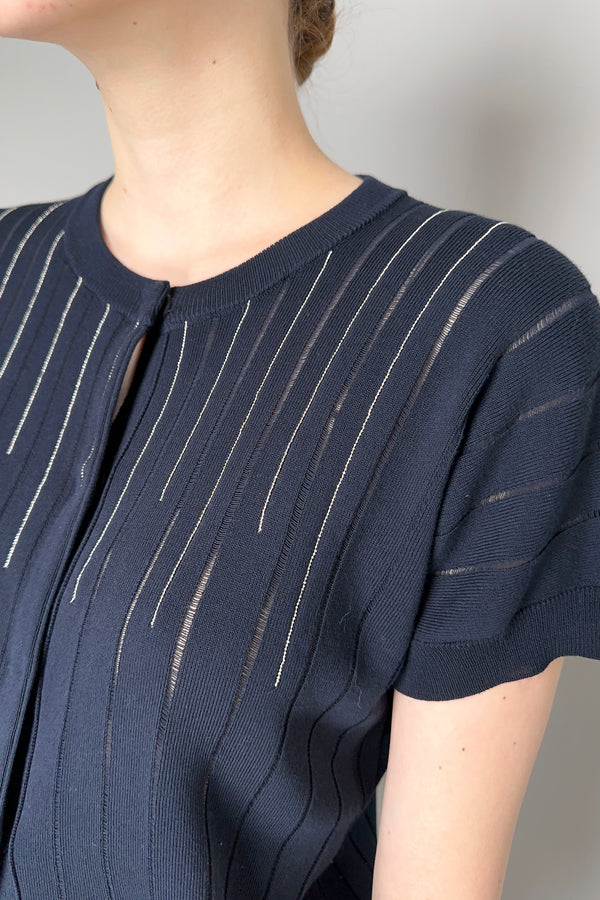 Peserico Cotton Cardigan with Transparent and Brilliant Stripes in Navy Vancouver. Shop Online or in Store.