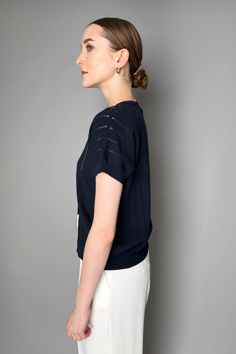 Peserico Cotton Cardigan with Transparent and Brilliant Stripes in Navy Vancouver. Shop Online or in Store.
