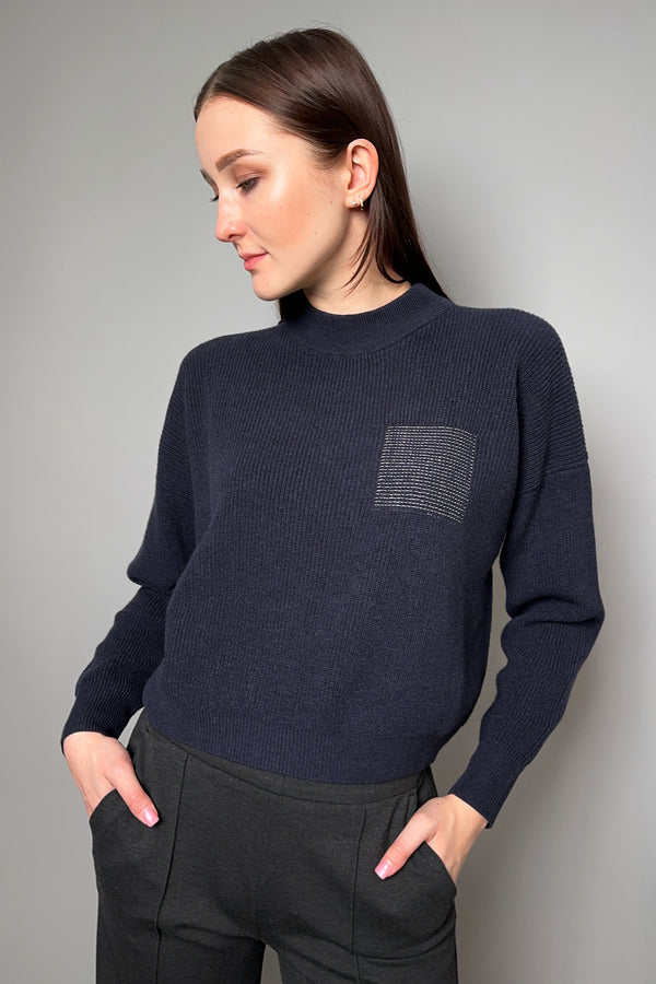 Peserico Knit Sweater with Brilliant Beading Pocket in Navy