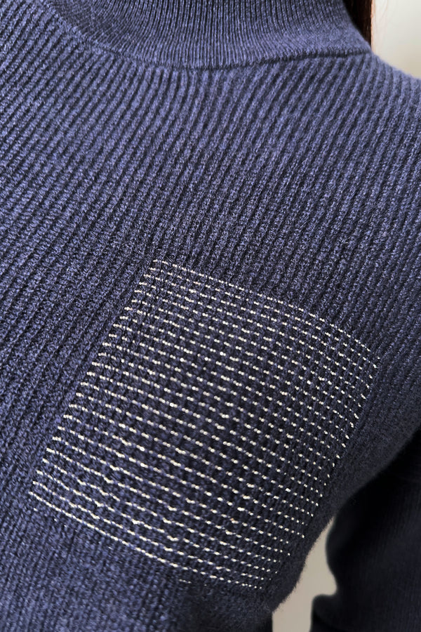 Peserico Knit Sweater with Brilliant Beading Pocket in Navy