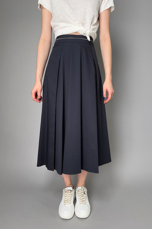 Peserico Softly Pleated Cotton Midi Skirt with Brilliant Beading Detail in Navy