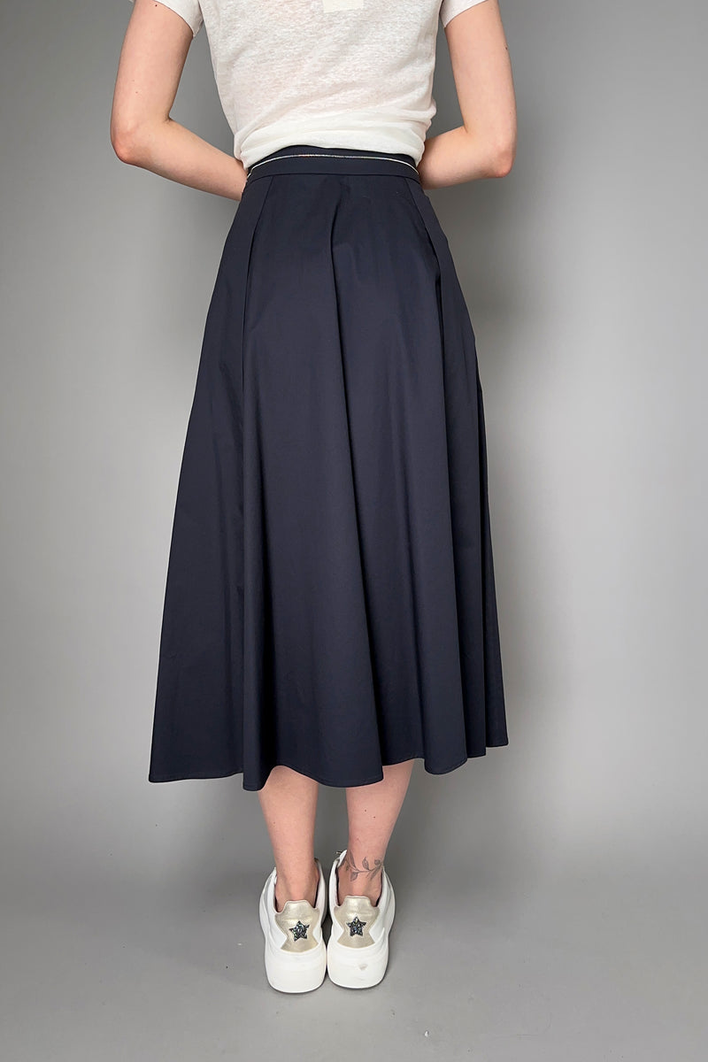 Peserico Softly Pleated Cotton Midi Skirt with Brilliant Beading Detail in Navy Vancouver. Shop Online or in Store.